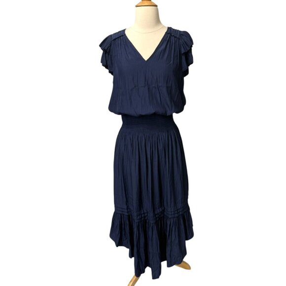 Ramy Brook Yassi Dress Navy Blue Short Sleeve V-Neck Elastic Waist Midi Size S - Picture 1 of 12
